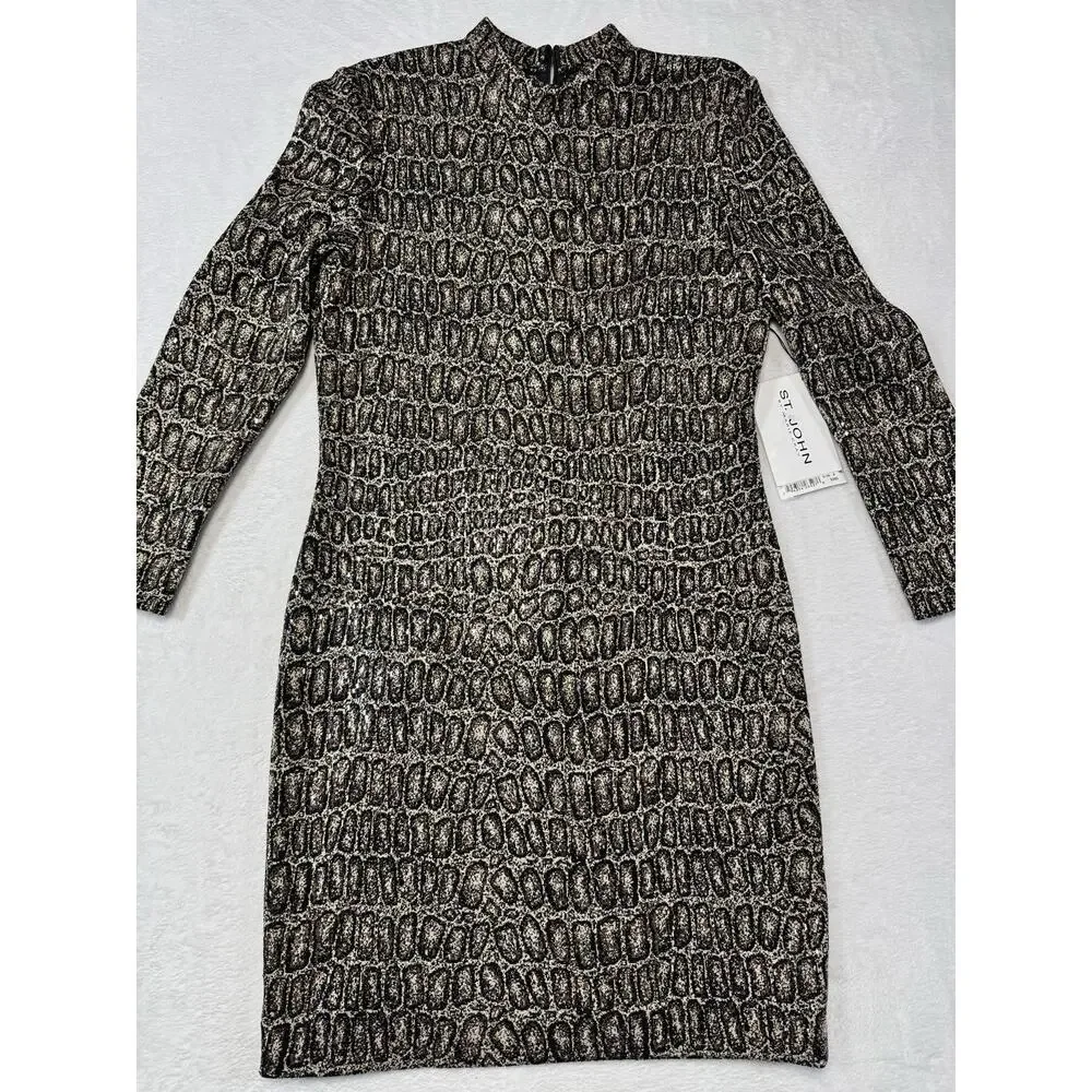 ST. JOHN Mahogany Brown Reptile Ombre Jacquard Knit Wool Blend Dress 6 NWT